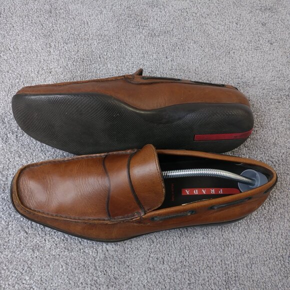 Prada Driving Shoes Mens Size 11.5 Loafers Slip On Brown Leather Designer - Picture 3 of 12